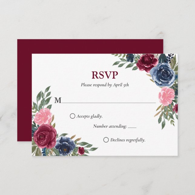 Tarjetas RSVP de Boda Floral Azul de Borgoña de Ma (Anverso / Reverso)