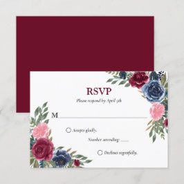 Tarjetas RSVP de Boda Floral Azul de Borgoña de Ma