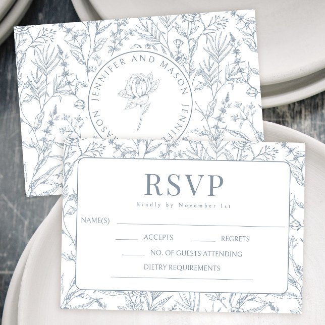 Tarjetas RSVP de boda floral azul en francés (Subido por el creador)