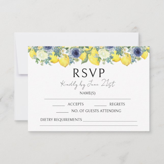 Tarjetas RSVP de boda floral azul limón amarillo (Anverso)