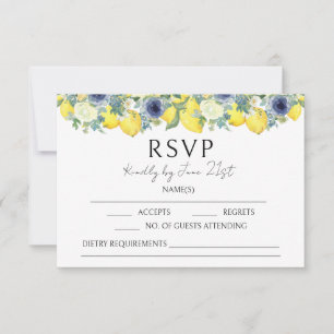 Tarjetas RSVP de boda floral azul limón amarillo