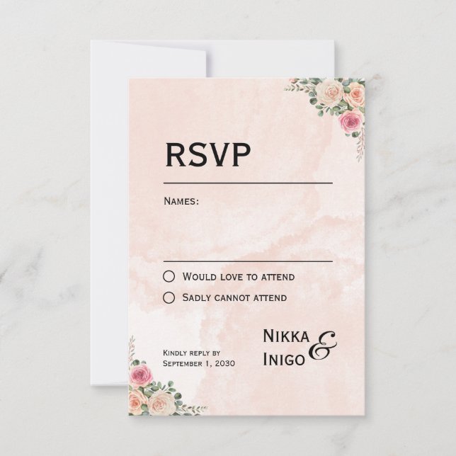Tarjetas RSVP de boda floral con crema rosa de mod (Anverso)