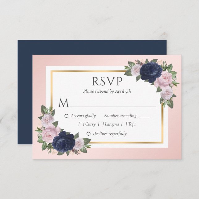 Tarjetas RSVP de Boda Floral de la Marina Azul Rub (Anverso / Reverso)
