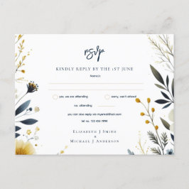 TARJETAS RSVP DE BODA | Floral de oro amarillo azu