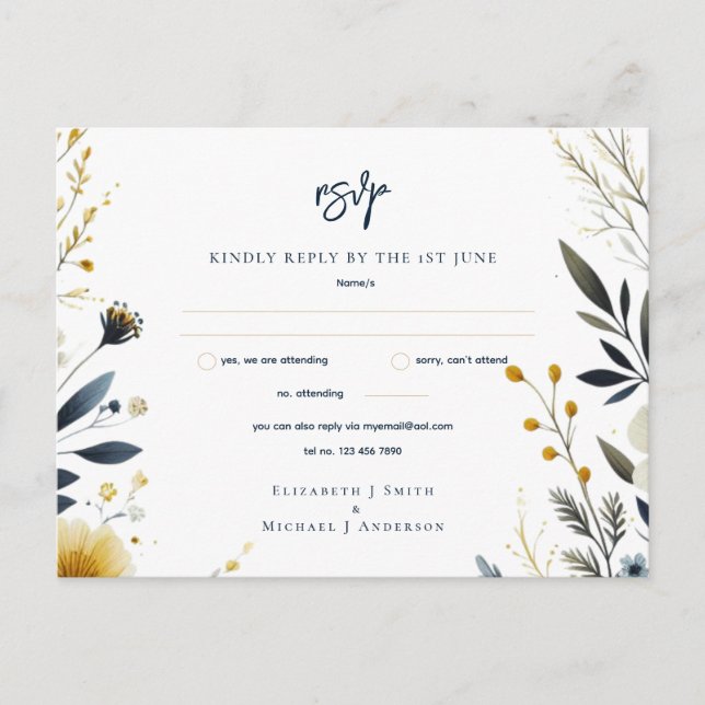 TARJETAS RSVP DE BODA | Floral de oro amarillo azu (Anverso)