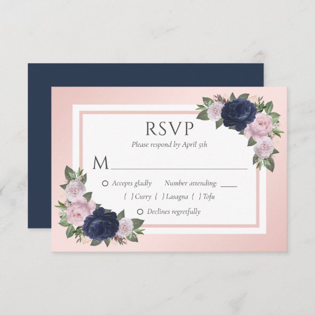 Tarjetas RSVP de boda floral de Rubor y azul de la (Anverso / Reverso)