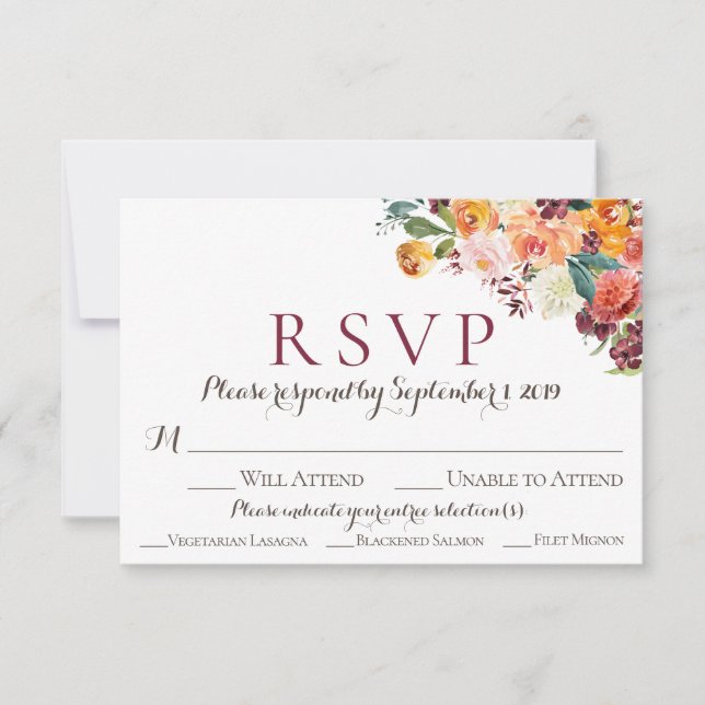 Tarjetas RSVP de boda floral otoño con opción de c (Anverso)
