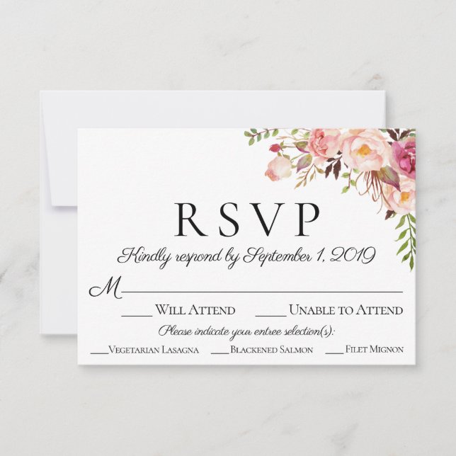 Tarjetas RSVP de boda floral rosa con opción de co (Anverso)