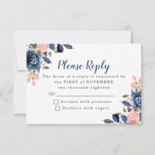 Tarjetas RSVP de boda floral rosa y azul de la mar