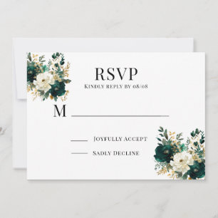 Tarjetas RSVP de boda floral verde blanca y dorada