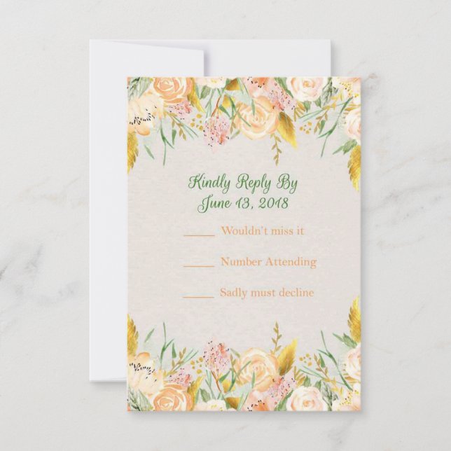 Tarjetas RSVP de Boda Floral Verde Golden Peach (Anverso)