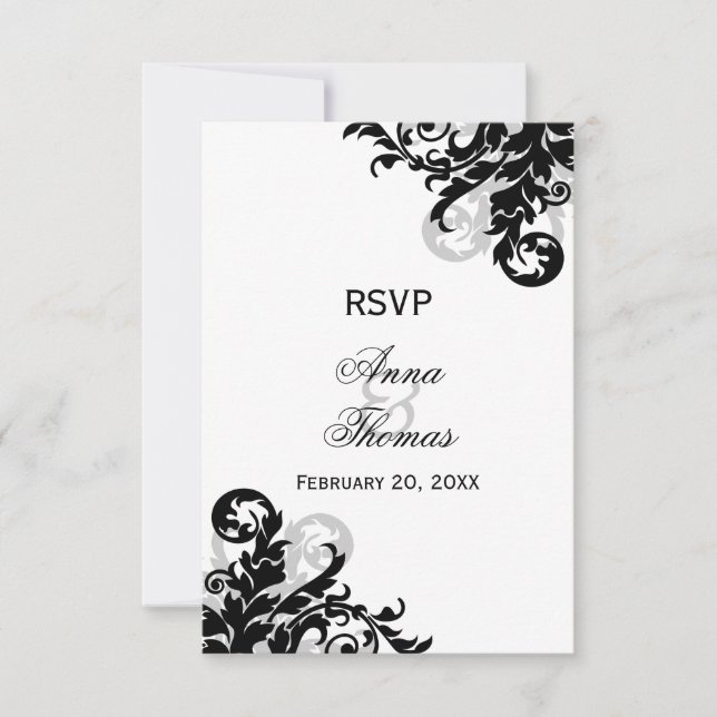Tarjetas RSVP de Boda Flourish en negro y plata (Anverso)