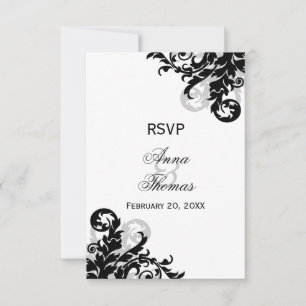 Tarjetas RSVP de Boda Flourish en negro y plata