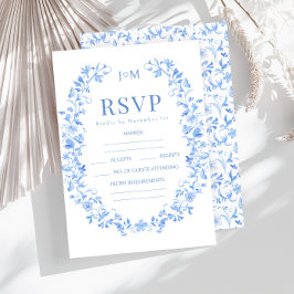 Tarjetas RSVP de boda folclórica con porcelana azu