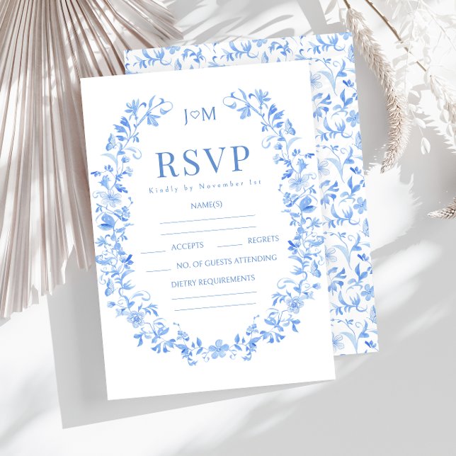 Tarjetas RSVP de boda folclórica con porcelana azu (Subido por el creador)