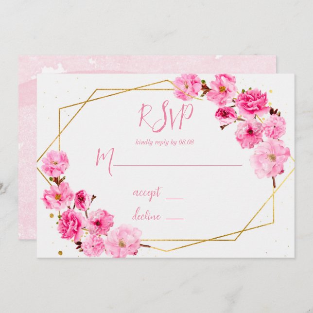 Tarjetas RSVP de Boda Geométrica de Cerezo Rosa (Anverso / Reverso)