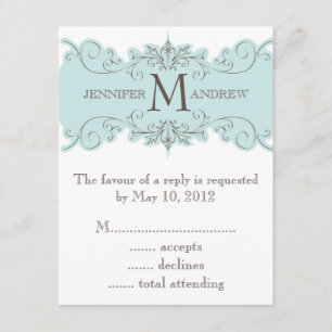 Tarjetas RSVP de Boda Monograma Blue Brown Swirl