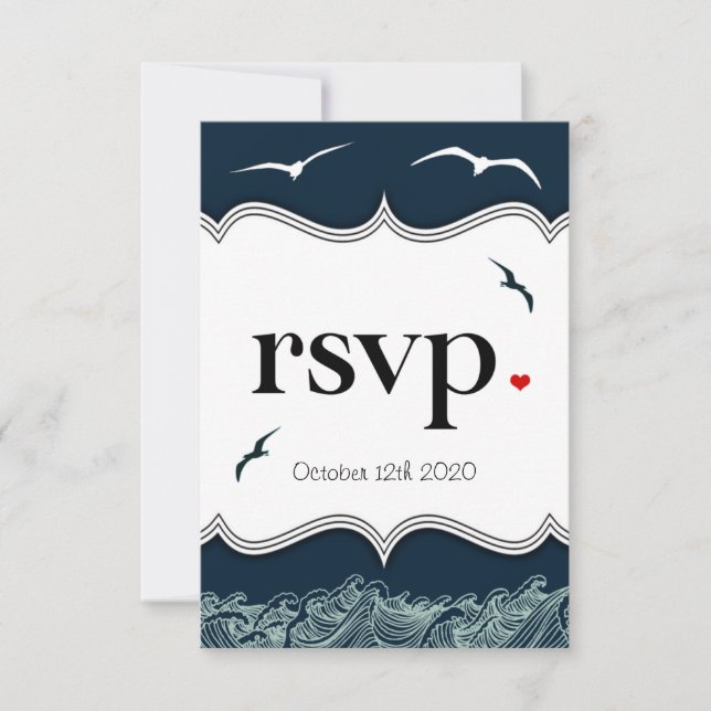 Tarjetas RSVP de boda náutica blanca y azul de la  (Anverso)