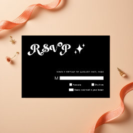 Tarjetas RSVP de boda negra retro moderna y elegan