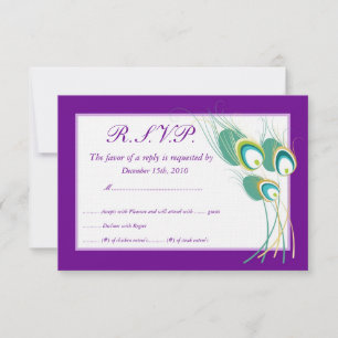 Tarjetas RSVP de boda pavo real púrpura moderna