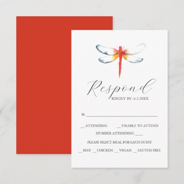 Tarjetas RSVP de boda personalizada Dragonfly rojo (Anverso / Reverso)