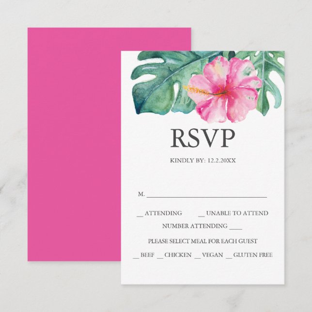 Tarjetas RSVP de boda personalizada Hibiscus rosa (Anverso / Reverso)