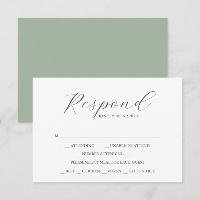 Tarjetas RSVP de boda personalizada Sage Green (Anverso / Reverso)
