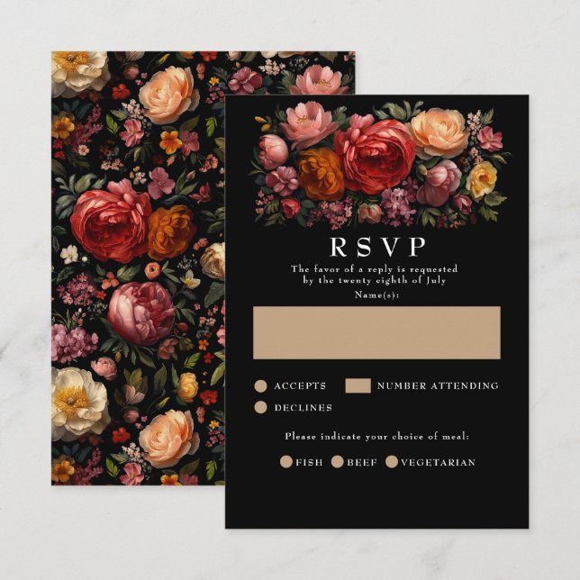 Tarjetas RSVP de Boda Portátil Froral Negra Botáni (Anverso / Reverso)