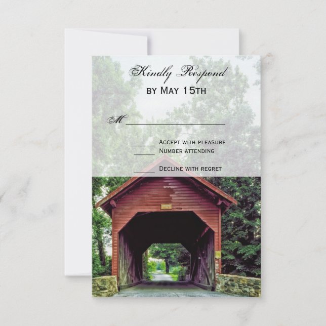 Tarjetas RSVP de boda puente cubierta de madera rú (Anverso)