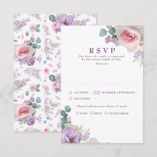 Tarjetas RSVP de Boda Púrpura Botánica Floral (Anverso / Reverso)