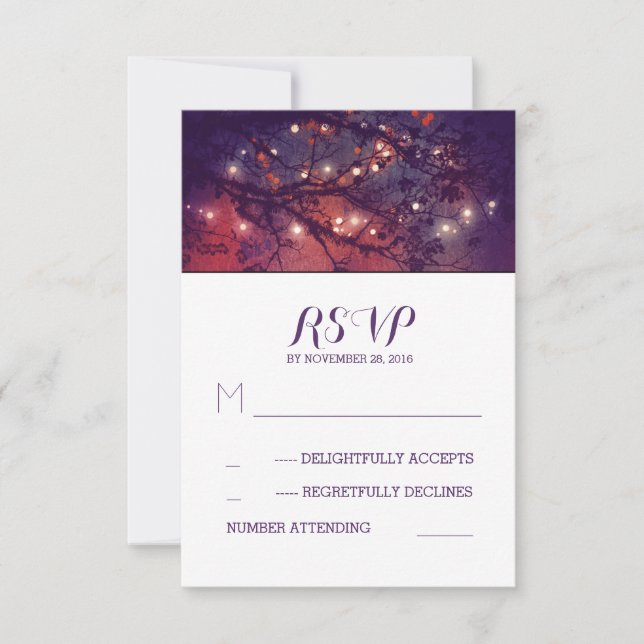 Tarjetas RSVP de boda púrpura con luces rusas (Anverso)