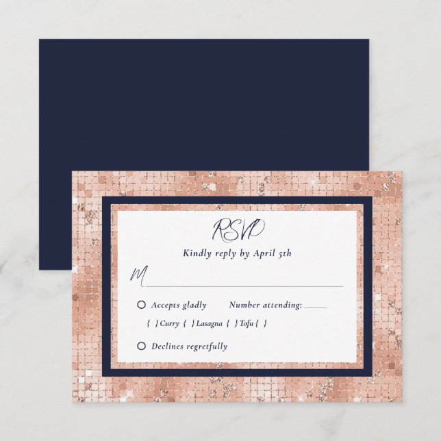 Tarjetas RSVP de Boda Purpurina de oro Rosa azul d (Anverso / Reverso)