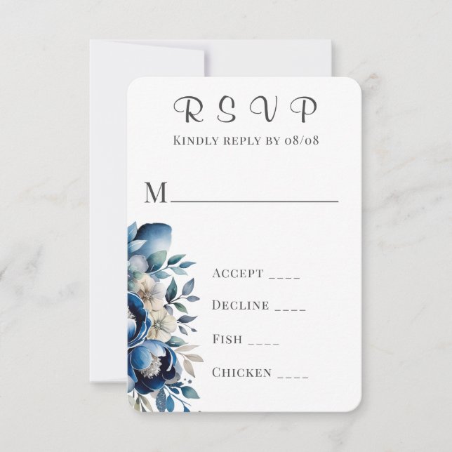 Tarjetas RSVP de Boda Real Azul y Plata Peony Wedd (Anverso)