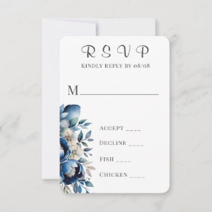 Tarjetas RSVP de Boda Real Azul y Plata Peony Wedd