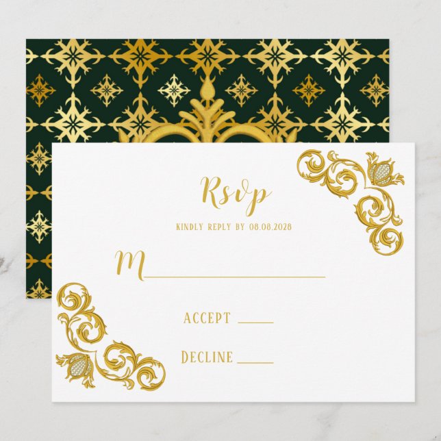 Tarjetas RSVP de Boda Real Verde y Oro (Anverso / Reverso)