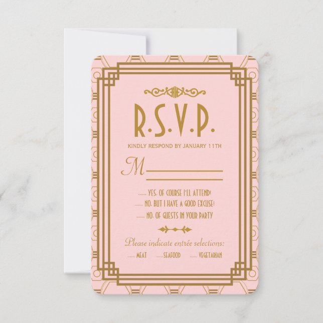 Tarjetas RSVP de Boda Rosa Art Deco (Anverso)