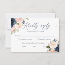 Tarjetas RSVP de boda rosa azul marino y Rubor