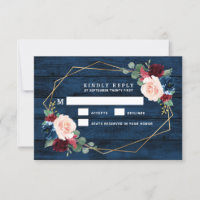 Tarjetas RSVP de Boda Rosa de Oro Azul de Borgoña