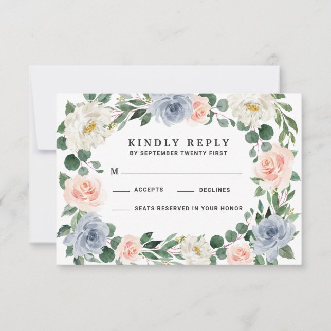 Tarjetas RSVP de boda rosa rosa Dusty Blue Rubor (Anverso)