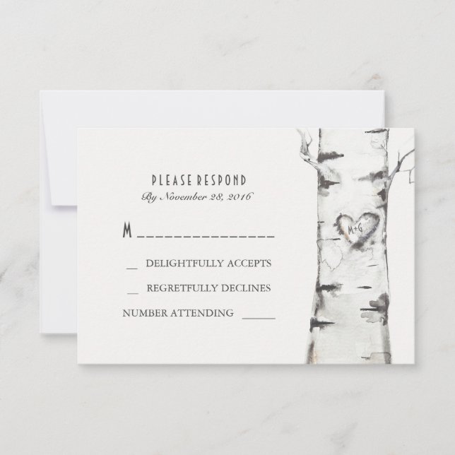 Tarjetas RSVP de Boda Rústica Birch Wood Heart (Anverso)