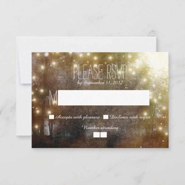 Tarjetas RSVP de boda rústica con luces Twinkle (Anverso)