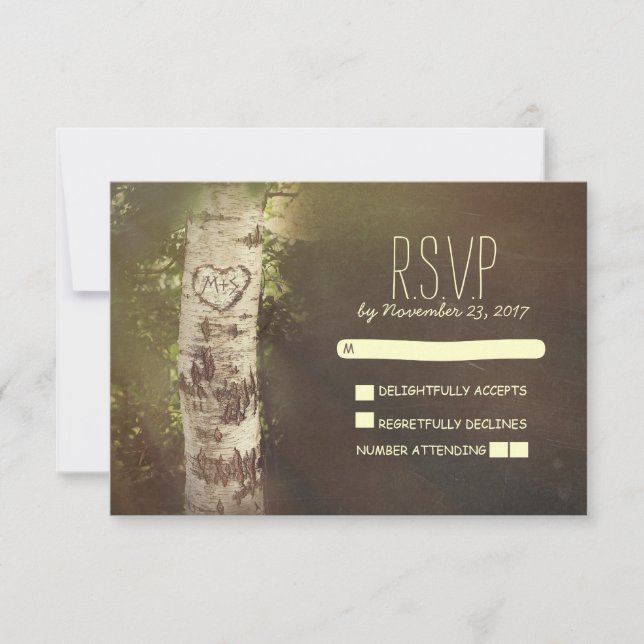 Tarjetas RSVP de boda rústica de árbol de aves (Anverso)