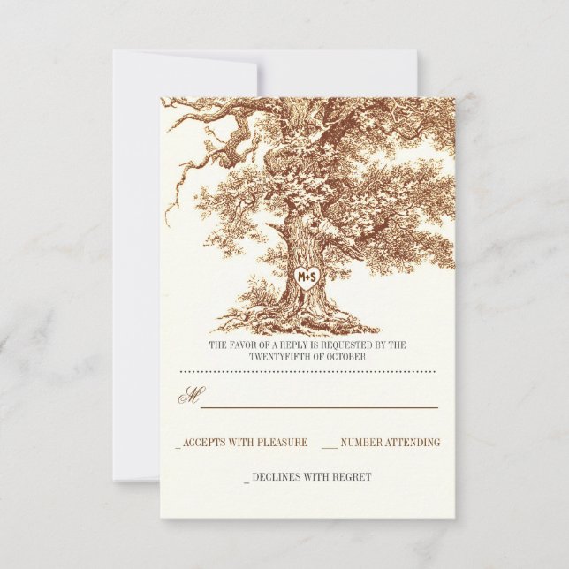 tarjetas RSVP de boda rústica de árbol marrón (Anverso)