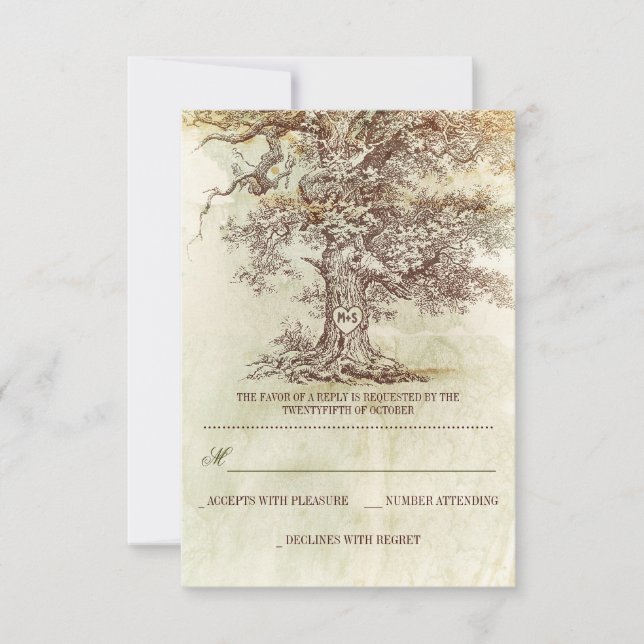 tarjetas RSVP de boda rústica de árbol marrón (Anverso)