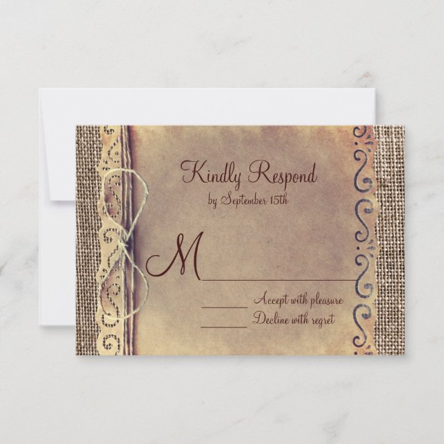 Tarjetas RSVP de Boda Rústica de Burlap (Anverso)