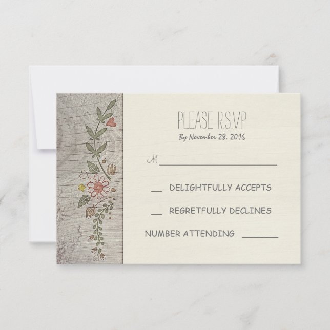 tarjetas RSVP de boda rústica de madera floral (Anverso)