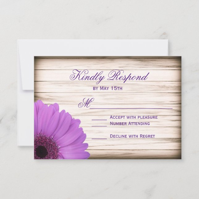 Tarjetas RSVP de Boda Rústica de Madera Purple Dai (Anverso)