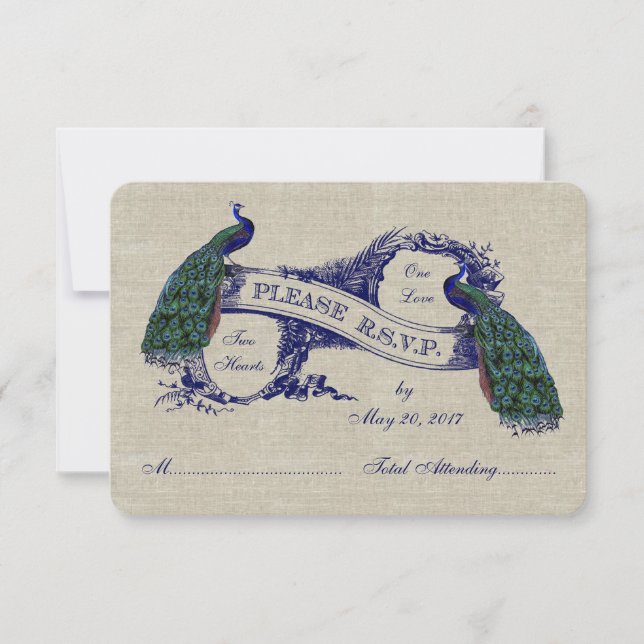 Tarjetas RSVP de Boda Rústica de Peacocks Linen (Anverso)