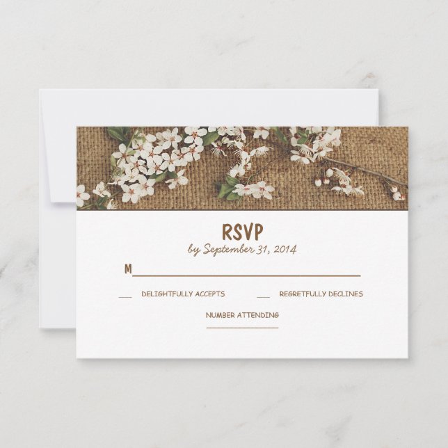 Tarjetas RSVP de boda rústica en el país burlap (Anverso)