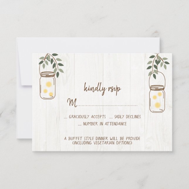 Tarjetas RSVP de boda rústica Mason Jar y luciérna (Anverso)